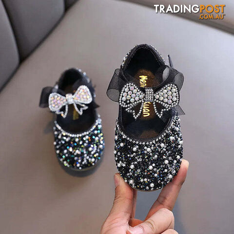 Afterpay Zippay BLACK / 28(Insole 17.8CM)Children's Sequined Leather Shoes Girls Princess Rhinestone Bowknot Single Shoes Kids Wedding Shoes