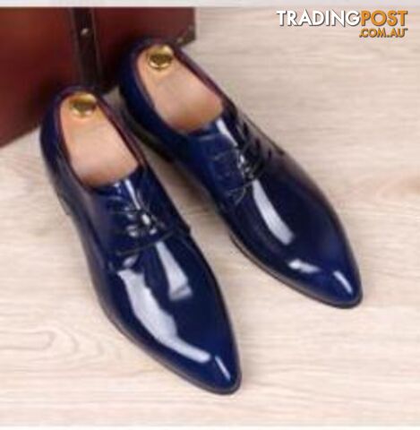  Blue / 8.5mens business wedding work dress bright genuine leather shoes point toe oxford shoe lace up Korean fashion