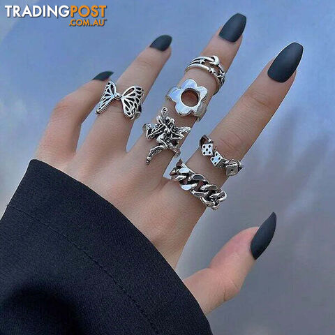 Afterpay Zippay OV54544Punk Gothic Heart Ring Set for Women Black Dice Vintage Spades Ace Silver Color Plated Retro Rhinestone Charm Finger Jewelry