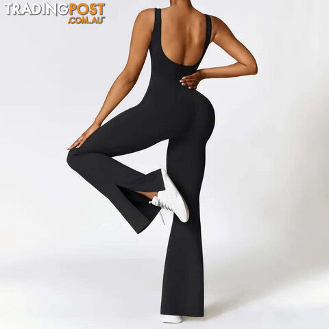 Afterpay Zippay 1-Black / SWoman Gym Outfits Fashion Seamless Sporty Jumpsuit With Flare Pants One Piece Yoga Dance Jumpsuit Female Fitness Sport Overalls