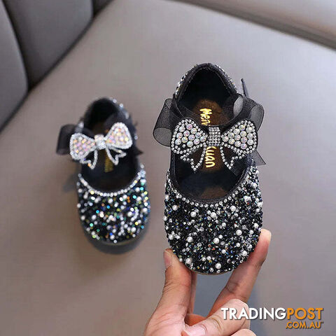 Afterpay Zippay BLACK / 29(Insole 18.5CM)Children's Sequined Leather Shoes Girls Princess Rhinestone Bowknot Single Shoes Kids Wedding Shoes