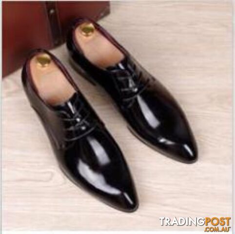  Black / 9mens business wedding work dress bright genuine leather shoes point toe oxford shoe lace up Korean fashion