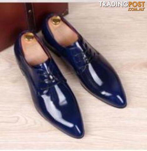  Blue / 9mens business wedding work dress bright genuine leather shoes point toe oxford shoe lace up Korean fashion