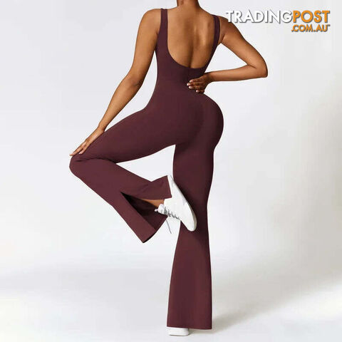 Afterpay Zippay 1-Wine Red / MWoman Gym Outfits Fashion Seamless Sporty Jumpsuit With Flare Pants One Piece Yoga Dance Jumpsuit Female Fitness Sport Overalls