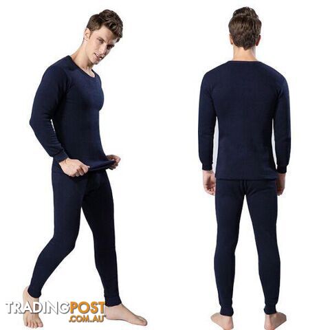  Navy Blue / XXXLMen 2Pcs Cotton Thermal Underwear Set Winter Warm Thicken Long Johns Tops Bottom 3 Colors