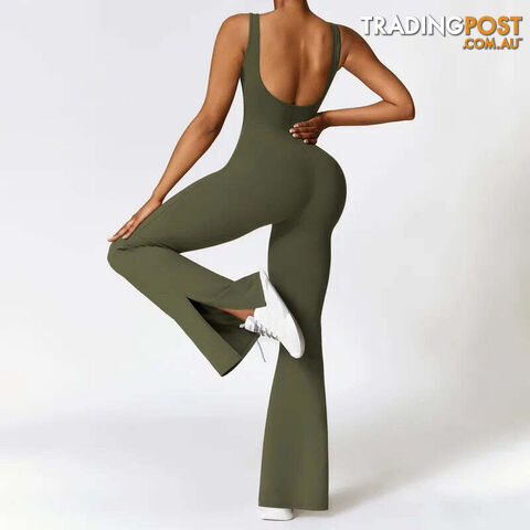 Afterpay Zippay 1-Army Green / LWoman Gym Outfits Fashion Seamless Sporty Jumpsuit With Flare Pants One Piece Yoga Dance Jumpsuit Female Fitness Sport Overalls