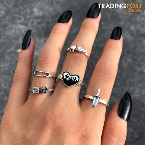 Afterpay Zippay OV54510Punk Gothic Heart Ring Set for Women Black Dice Vintage Spades Ace Silver Color Plated Retro Rhinestone Charm Finger Jewelry