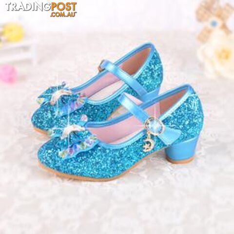  blue / 4.5Spring Kids Girls High Heels For Party Sequined Cloth Blue Pink Shoes Ankle Strap Snow Queen Children Girls Pumps Shoes
