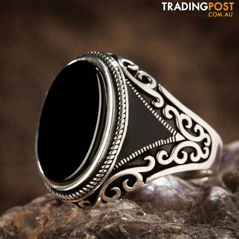 Afterpay Zippay Style2 / 1030 Styles Vintage Handmade Turkish Signet Ring For Men Women Ancient Silver Color Black Onyx Stone Punk Rings Religious Jewelry