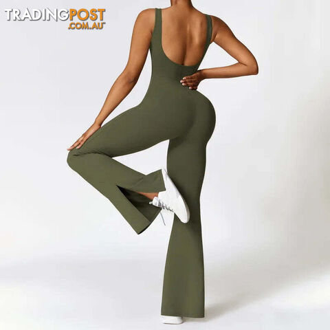 Afterpay Zippay 1-Army Green / XLWoman Gym Outfits Fashion Seamless Sporty Jumpsuit With Flare Pants One Piece Yoga Dance Jumpsuit Female Fitness Sport Overalls