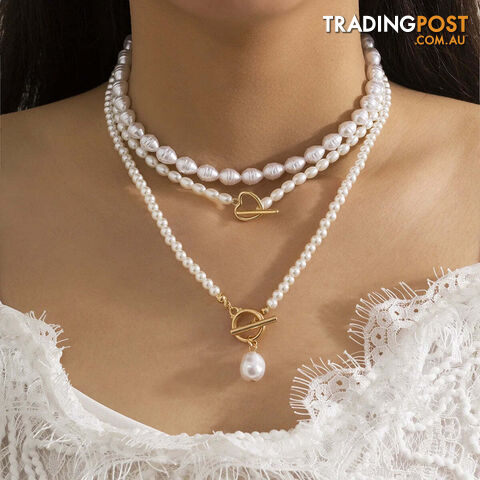 Afterpay Zippay 1Women Baroque Pearl Heart OT Buckle Pendant Necklace for Women Wedding Bridal Bead Chain Neck Jewelry