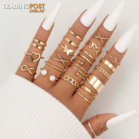  559190130pcs/Set Vintage Love Heart Rings Set For Women Gold Color Geometric Butterfly Rhinestone Finger Ring Trendy Party Jewelry Gift