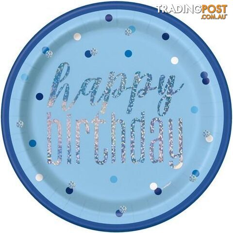 Blue Happy Birthday 8 x 23cm (9) Prismatic Paper Plates - 011179835959