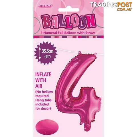 Hot Pink 4 Numeral Foil Balloon 35cm (14) - 9311965429043