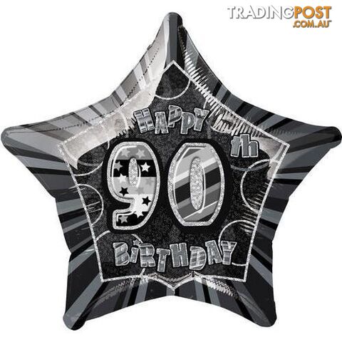 Glitz Black 90th Birithday Star 50cm (20) Foil Balloon Packaged - 011179553921