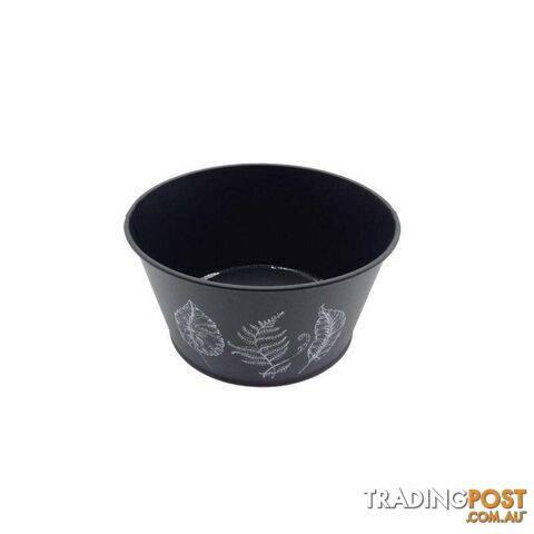 Round Pot Leaf Print Black 19.5x10cm High - 800590