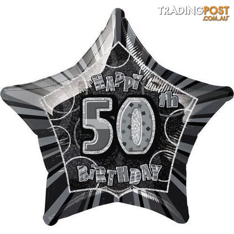 Glitz Black And Silver 50th Birthday Star 50cm (20) Foil Balloon Packaged - 011179551538