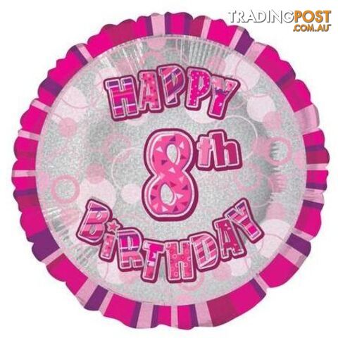 Glitz Pink 8th Birthday Round 45cm (18) Foil Balloon Packaged - 011179556380