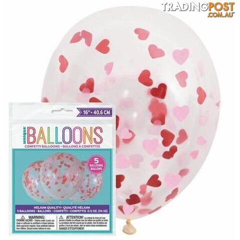 5 x 40cm (16) Clear Balloons Prefilled With Pink And Red Heart Shaped Tissue Confetti - 011179564002