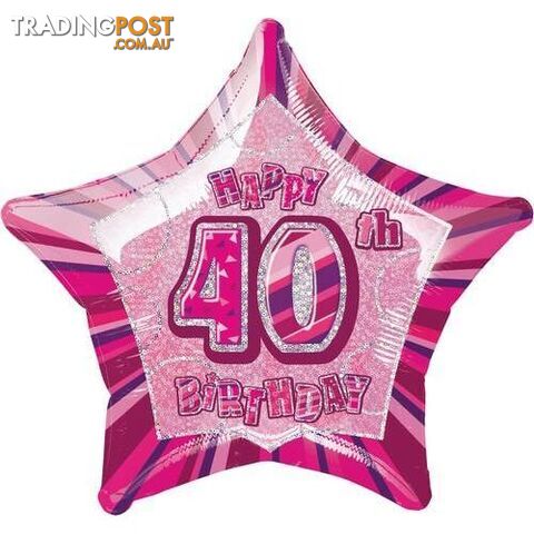 Glitz Pink 40th Birthday Star 50cm (20) Foil Balloon Packaged - 011179551118