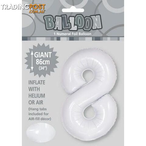 White 8 Numeral Foil Balloon 86cm (34) - 9311965506782