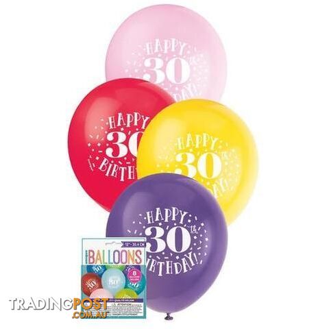 Happy 30th Birthday 8 x 30cm (12) Balloons - Assorted Colours - 011179549436