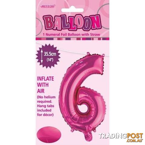 Hot Pink 6 Numeral Foil Balloon 35cm (14) - 9311965429067