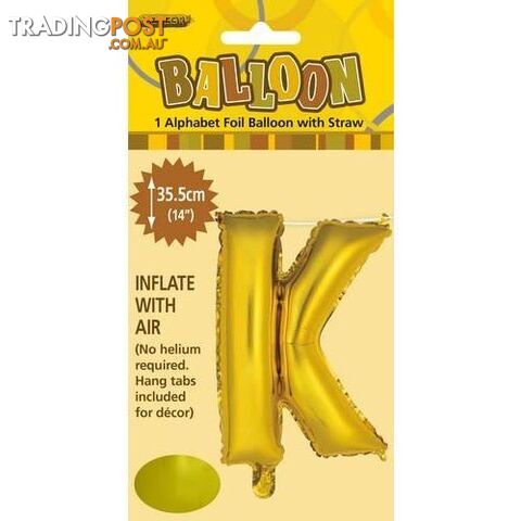 Gold K Alphabet Foil Balloon 35cm (14) - 9311965446606