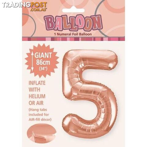 Rose Gold 5 Numeral Foil Balloon 86cm (34) - 9311965506454