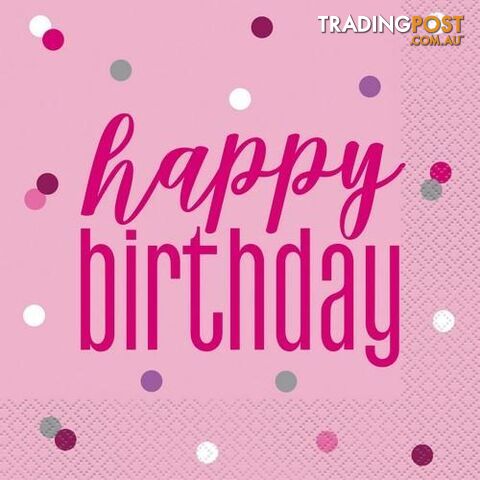 Pink Happy Birthday 16 Luncheon Napkins 2ply 33cm x 33cm (13 x 13) -...