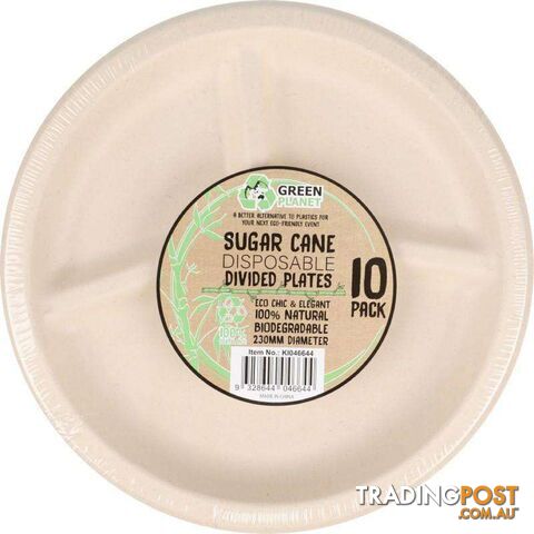 Sugar Cane Party Disposable Dinner Plates 3 Divisions 10 Pack - 9328644046644