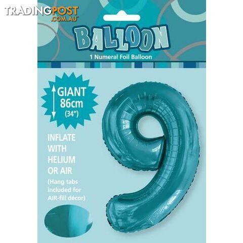 Caribbean Teal 9 Numeral Foil Balloon 86cm (34) - 9311965506393