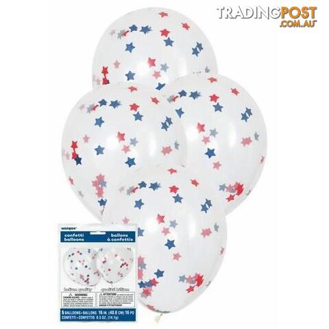 5 x 40cm (16) Clear Balloons With Red And Blue Stars Tissue Confetti - 011179570836