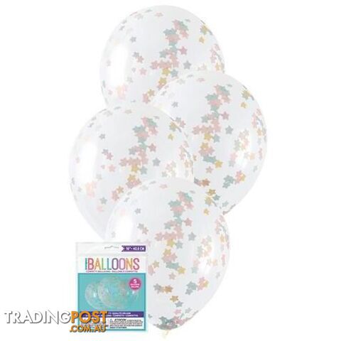 5 x 40.6cm (16) Clear Balloons Prefilled With Pink, Blue & Gold Star Confetti - 011179564231