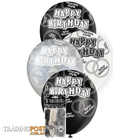 Glitz Black 6 x 30cm (12) Latex Balloons - Happy Birthday - 011179808908