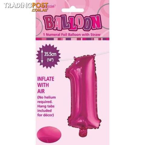 Hot Pink 1 Numeral Foil Balloon 35cm (14) - 9311965429012