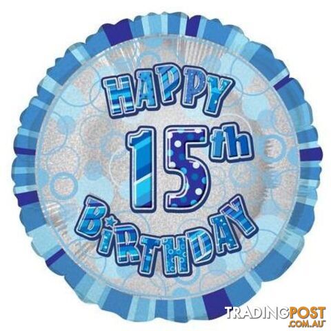 Glitz Blue 15th Birthday Round 45cm (18) Foil Balloon Packaged - 011179556588