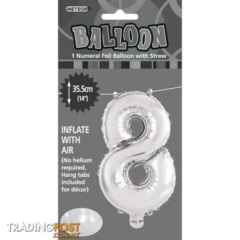Silver 8 Numeral Foil Balloon 35cm (14) - 9311965428886