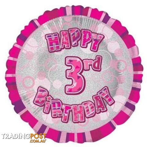 Glitz Pink 3rd Birthday Round 45cm (18) Foil Balloon Packaged - 011179556335