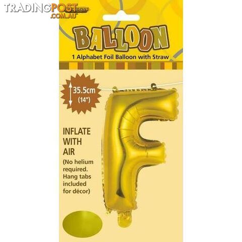 Gold F Alphabet Foil Balloon 35cm (14) - 9311965446552