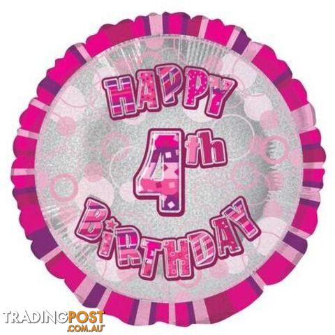 Glitz Pink 4th Birthday Round 45cm (18) Foil Balloon Packaged - 011179556342