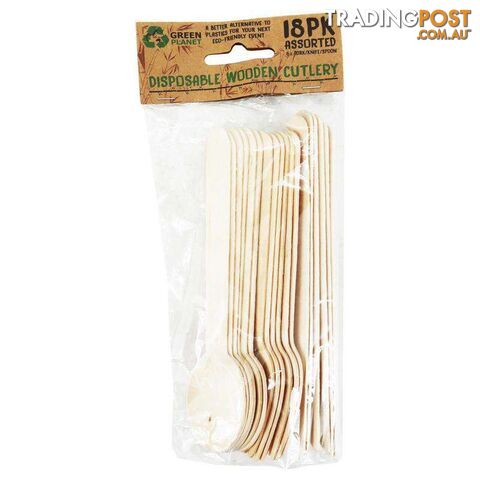 Eco Disposable Party Wooden Cutlery 18 Pack Assorted - 9328644046668