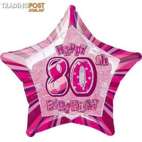 Glitz Pink 80th Birithday Star 50cm (20) Foil Balloon Packaged - 011179559336