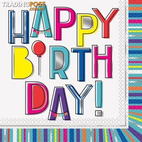 Colourful Birthday 16 Foil Stamped Luncheon Napkins 2ply 33cm x 33cm (13 x 13) - 9311965963653