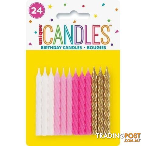 24 Sprial Candles Pink Assorted - Bright White, Lovely Pink, Hot Pink & Gold - 011179199723