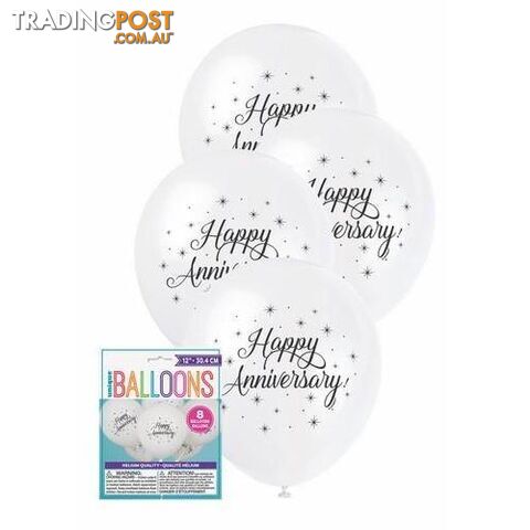 Happy Anniversary 8 x 30cm (12) Balloons - White - 011179549023