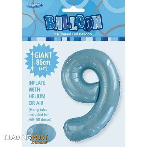 Powder Blue 9 Numeral Foil Balloon 86cm (34) - 9311965506690