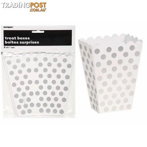 Dots Silver 8 Treat Boxes 14cm H x 10cm W x 6cm D (5.5 x 4 x 2.4) -...