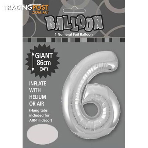 Silver 6 Numeral Foil Balloon 86cm (34) - 9311965482963