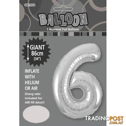 Silver 6 Numeral Foil Balloon 86cm (34) - 9311965482963